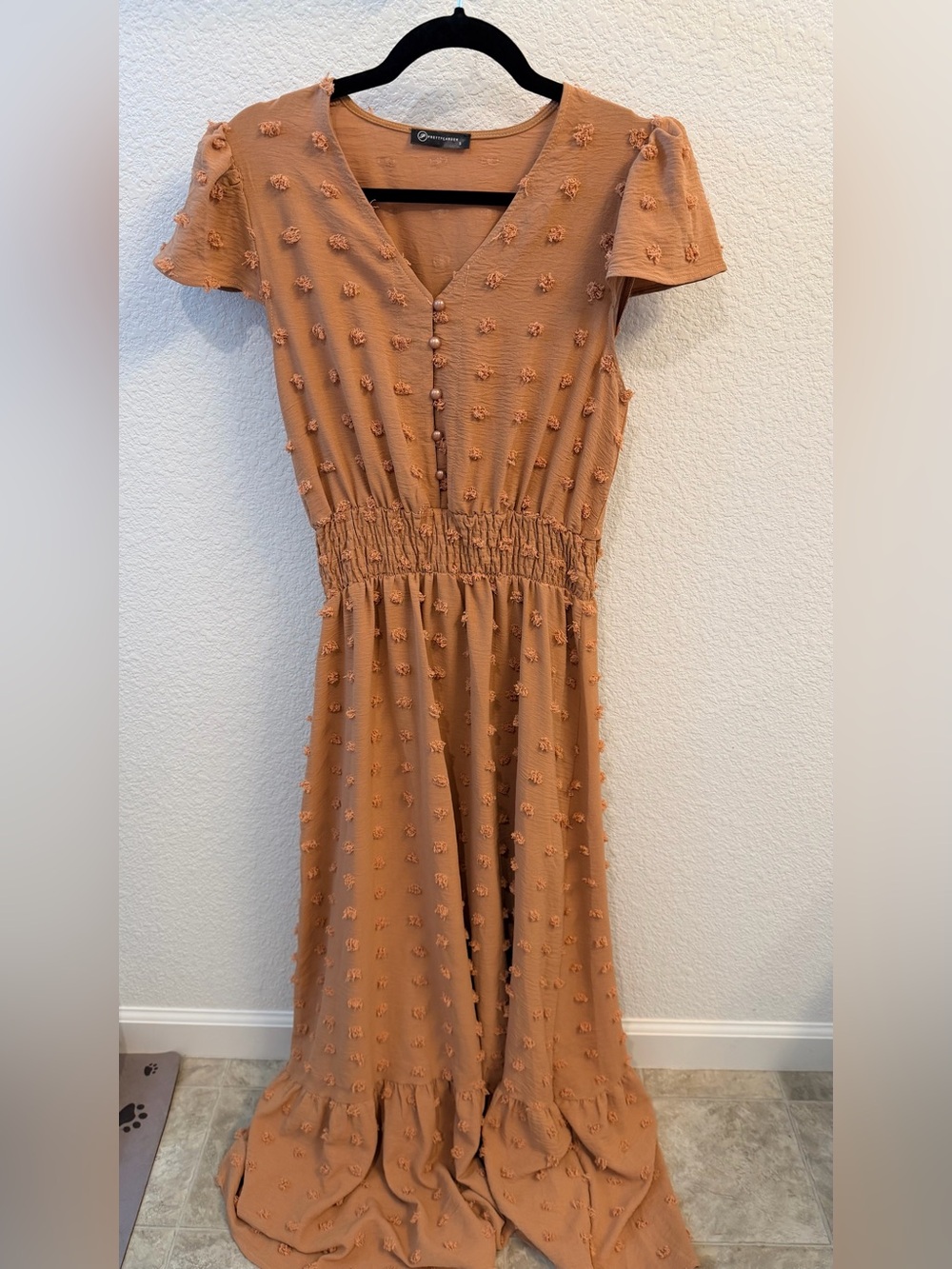 Smocked Waist Maxi Dress in Rust with Pom-Pom Texture